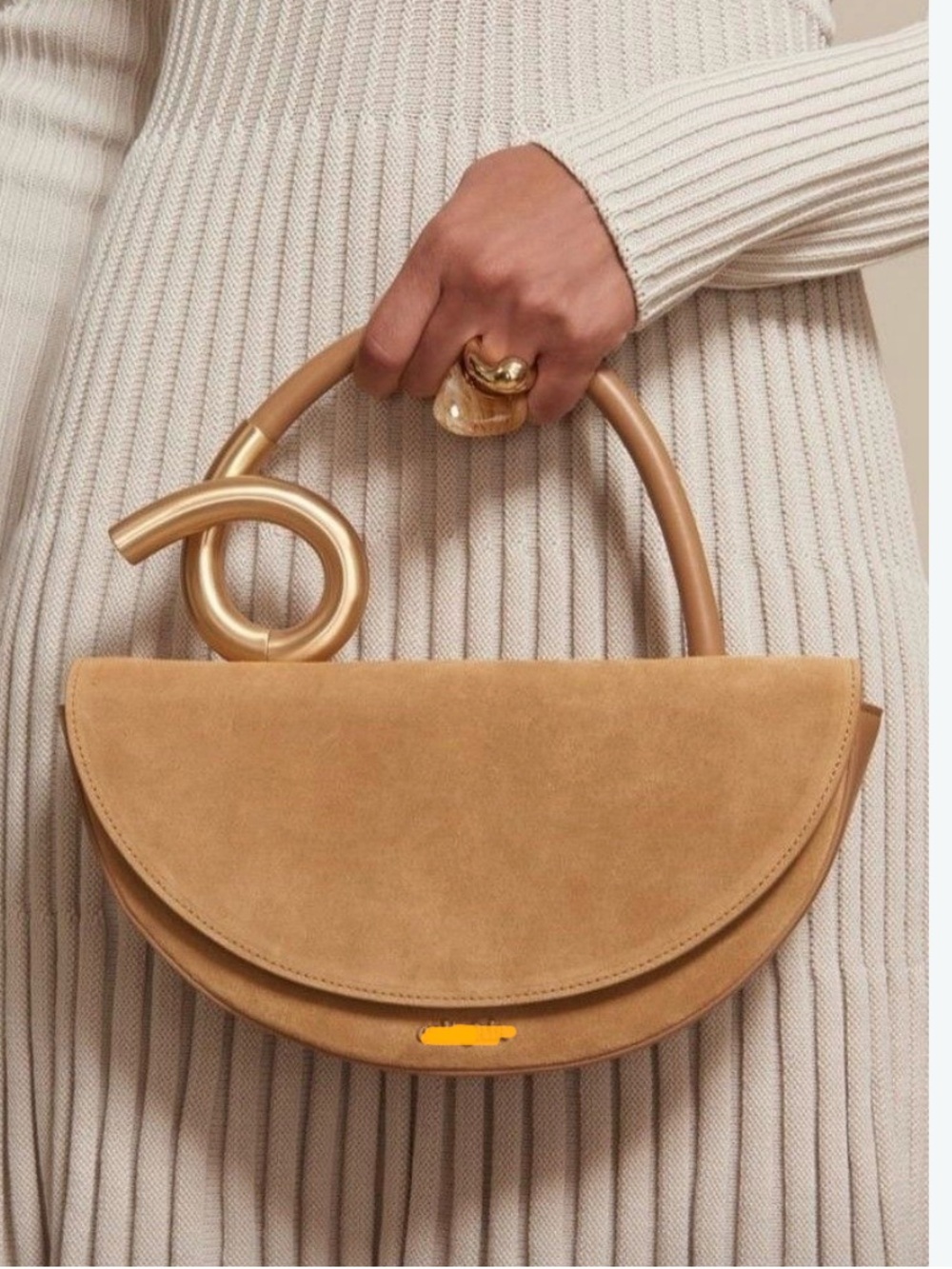 Turn Around Faux Suede Satchel Bag Abstract Half Moon Gold Handbag Clutch